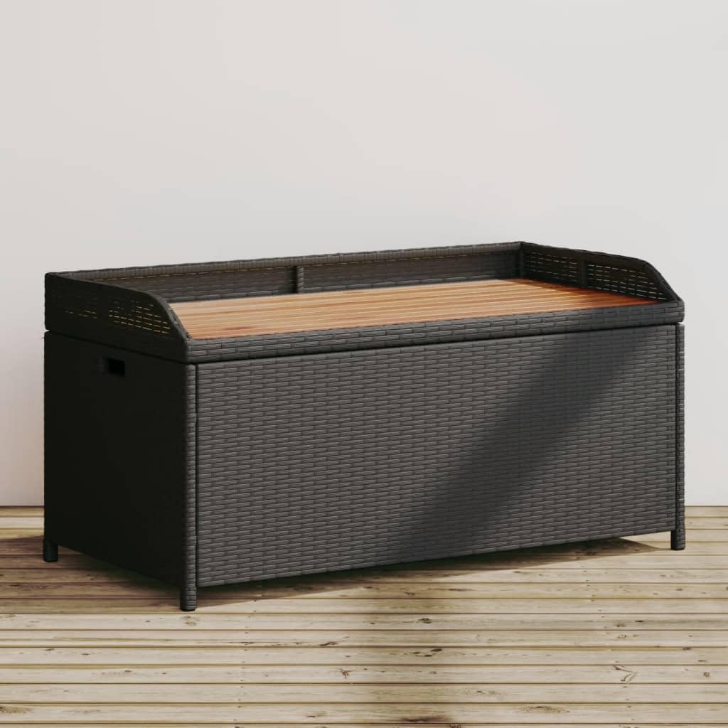 vidaXL Outdoor Storage Bench - Black Poly Rattan & Acacia Wood with Water-Resistant Storage Bag, 39.4"x19.7"x20.5"