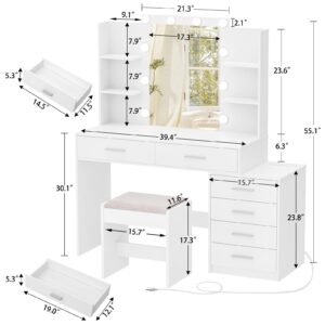 FIONESO Vanity Desk with Mirror & Lights, Makeup Vanity with 6 Drawers, 6 Open Shelves and Power Outlet, 48” Storage Makeup Vanity Desk with Stool Bench for Women, Girls, Bedroom, White