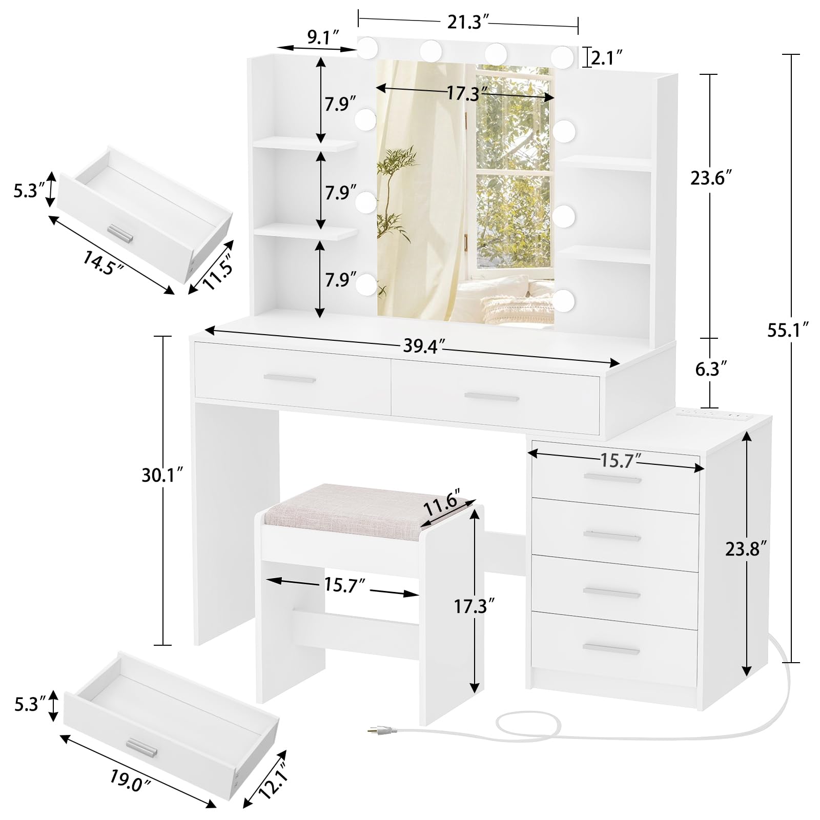 FIONESO Vanity Desk with Mirror & Lights, Makeup Vanity with 6 Drawers, 6 Open Shelves and Power Outlet, 48” Storage Makeup Vanity Desk with Stool Bench for Women, Girls, Bedroom, White