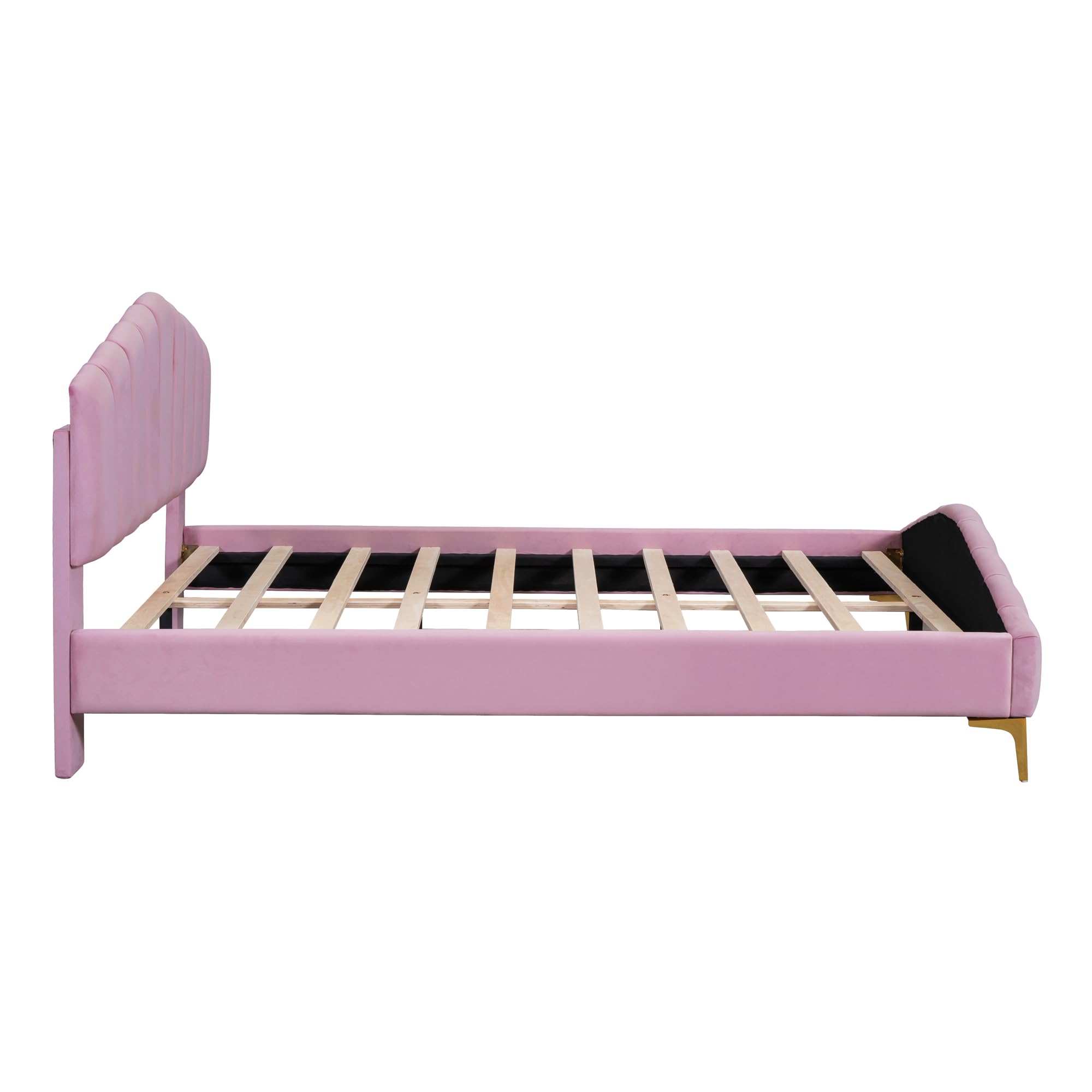 FAVSH Queen Size Velvet Platform Bed with Thick Fabric,Channel headboard and Elegant Metal Beds Leg,Bedroom Wooden Bed Frame W/Slat Supports,for Kids Teens Adults,Pink