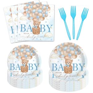 fitumiw 96pcs blue bear baby shower party tableware supplies bear plates and napkins we can bearly wait party set baby shower party decorations for boy serve 24 guests