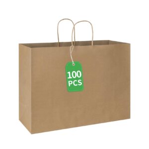 bagmad 100 pack 16x6x12 inches brown kraft paper bags with handles bulk, large recycled paper bags, gift bags, grocery bags, retail bags, shopping bags, merchandise bags for small business