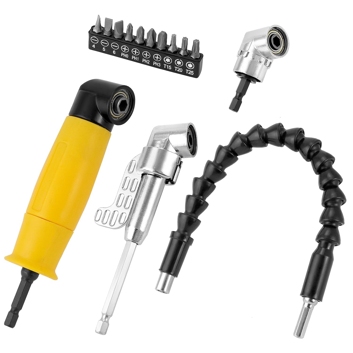 QWORK Professional Drill Accessory Kit with Chrome Vanadium Steel, Flexible Drill Extension, Dual 105° Right Angle Drill Attachments, 90° Hex Shank Drill Bit, and 10-in-1 Screwdriver Bit Set