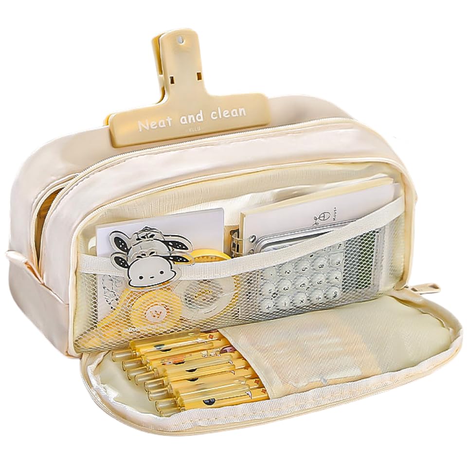 UIVXXUD Adorable Macaron-Colored Double-Layer Canvas Pencil Case Pencil Holder Pencil Bag Pouch with Spacious Opening & Capacity, Includes Pens & Magnetic Clip (Beige)