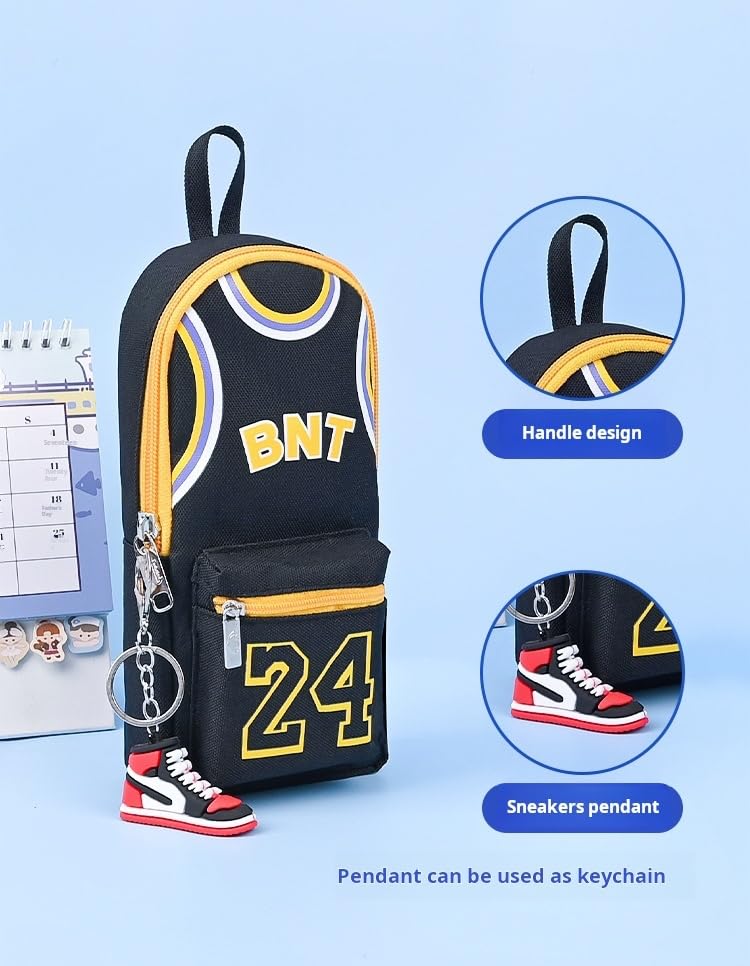 UIVXXUD Basketball Jersey-style Large Opening Large Capacity Simple Vertical Canvas Pencil Bag Pencil Case Pencil Holder - Include Sneakers Pendant and Pen (Black)