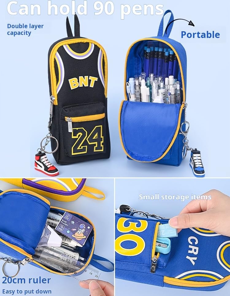 UIVXXUD Basketball Jersey-style Large Opening Large Capacity Simple Vertical Canvas Pencil Bag Pencil Case Pencil Holder - Include Sneakers Pendant and Pen (Black)