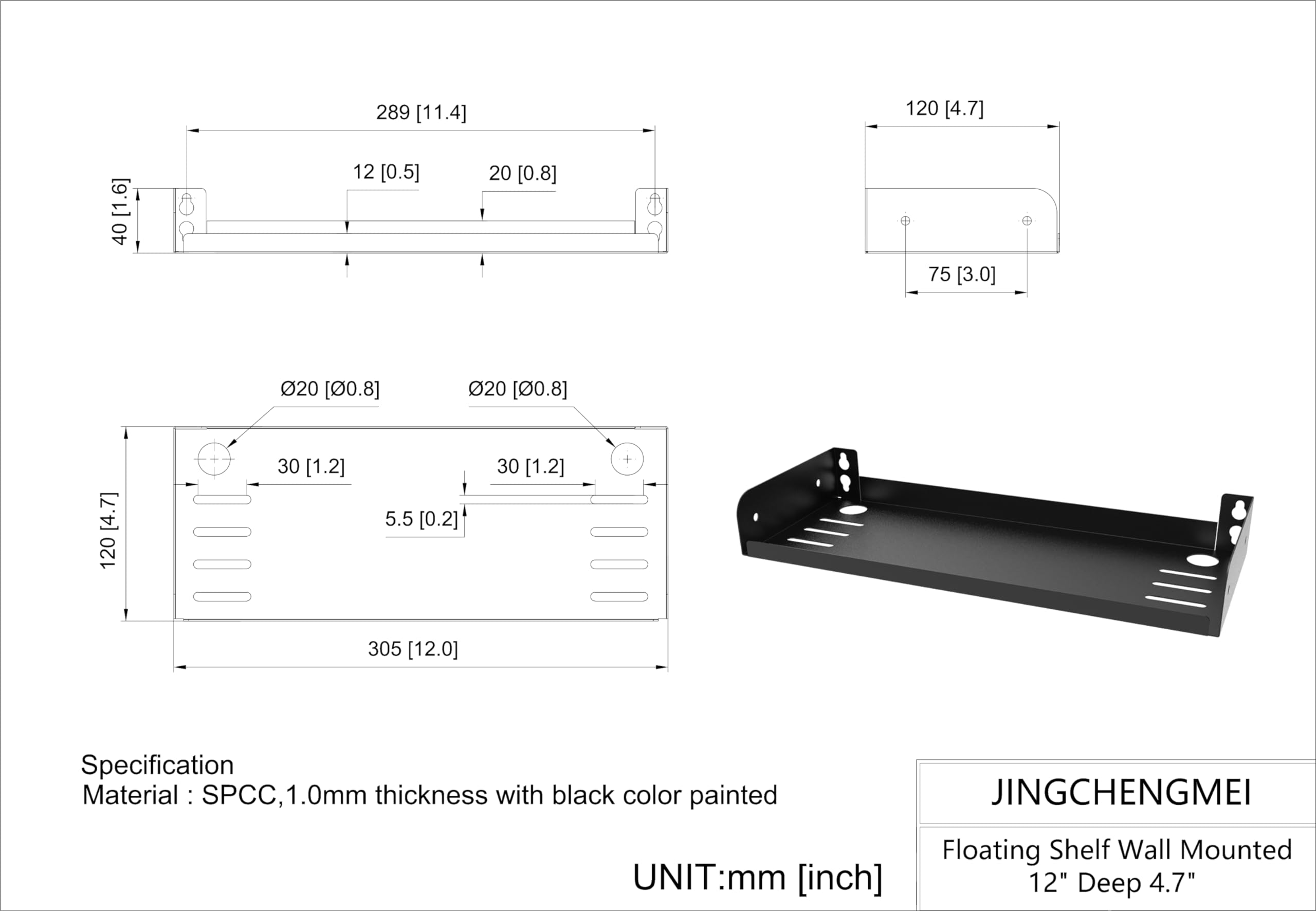 JINGCHENGMEI 2 Pcs of Metal Wall Mounted Floating Shelf for Small AV or TV Accessories, 4.7" Deep 12" Wide Mini Display Shelf for Storage or Collection in Living Room, Kitchen (12 Inches)