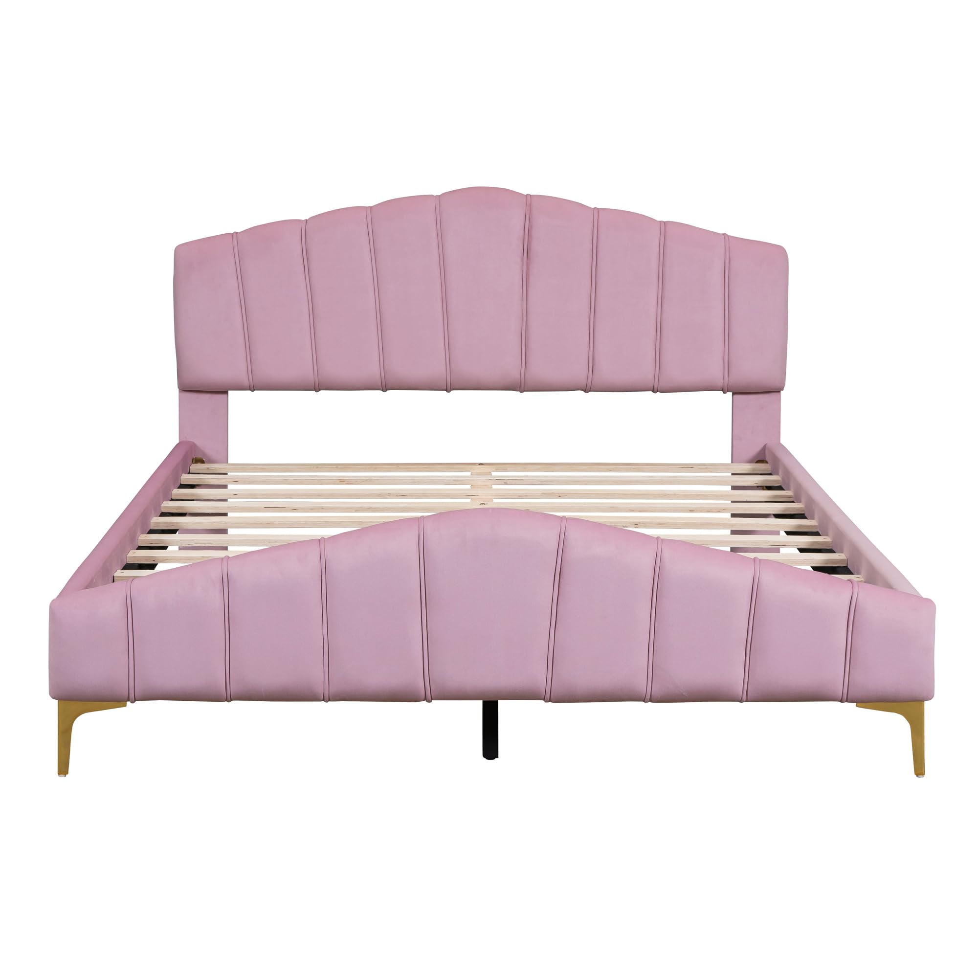 FAVSH Queen Size Velvet Platform Bed with Thick Fabric,Channel headboard and Elegant Metal Beds Leg,Bedroom Wooden Bed Frame W/Slat Supports,for Kids Teens Adults,Pink