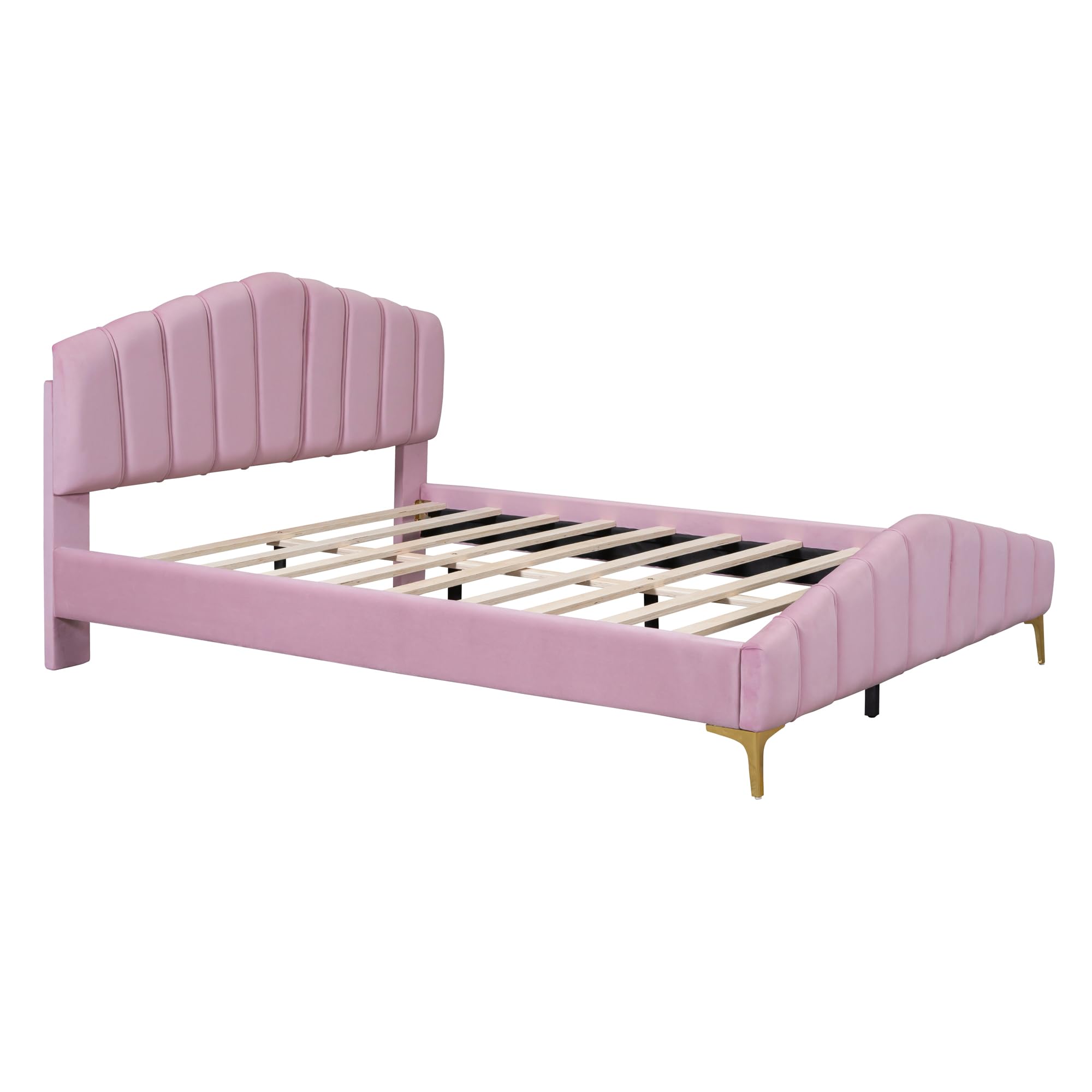 FAVSH Queen Size Velvet Platform Bed with Thick Fabric,Channel headboard and Elegant Metal Beds Leg,Bedroom Wooden Bed Frame W/Slat Supports,for Kids Teens Adults,Pink