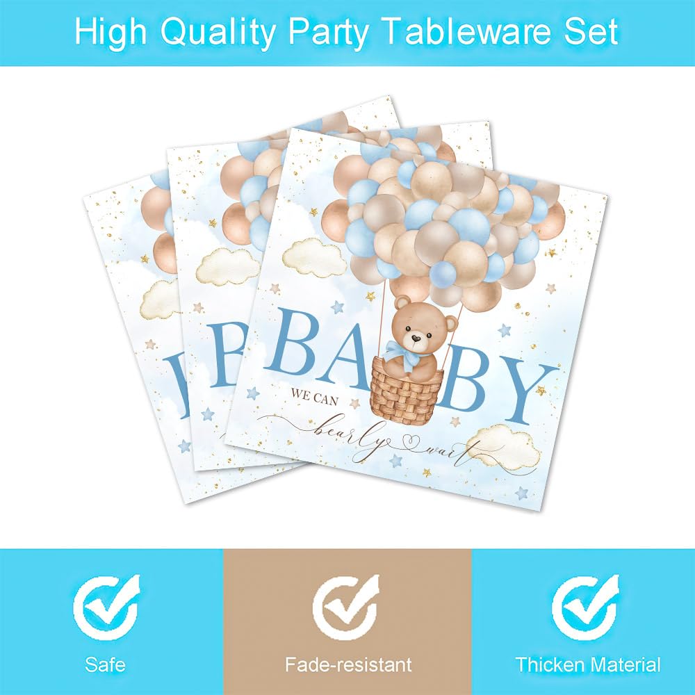 Fitumiw 96Pcs Blue Bear Baby Shower Party Tableware Supplies Bear Plates and Napkins We Can Bearly Wait Party Set Baby Shower Party Decorations for Boy Serve 24 Guests