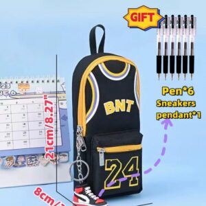 UIVXXUD Basketball Jersey-style Large Opening Large Capacity Simple Vertical Canvas Pencil Bag Pencil Case Pencil Holder - Include Sneakers Pendant and Pen (Black)