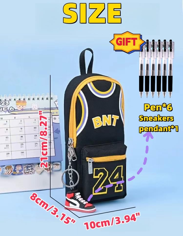 UIVXXUD Basketball Jersey-style Large Opening Large Capacity Simple Vertical Canvas Pencil Bag Pencil Case Pencil Holder - Include Sneakers Pendant and Pen (Black)