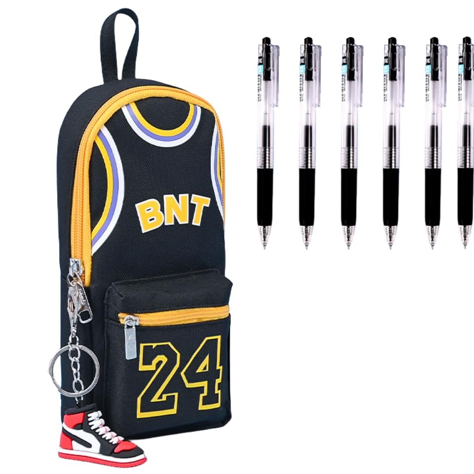 UIVXXUD Basketball Jersey-style Large Opening Large Capacity Simple Vertical Canvas Pencil Bag Pencil Case Pencil Holder - Include Sneakers Pendant and Pen (Black)