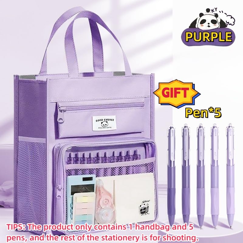 UIVXXUD Portable 8-Layer Canvas Tote Bag with Large Capacity, Ideal for Tutoring, Carrying Books, and Documents, Includes Pens and Panda Stickers (Purple)