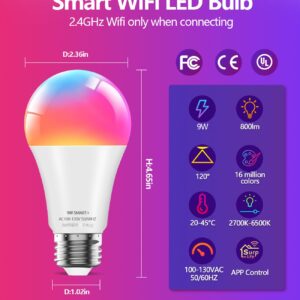 luckystyle Smart Light Bulbs, 9W A19 E26 800LM WiFi Bluetooth LED Bulbs Compatible with Alexa, Google Assistant & Home, 16 Million Colors Music Sync Color Changing Dimmable RGBWW Lights Bulb (4)