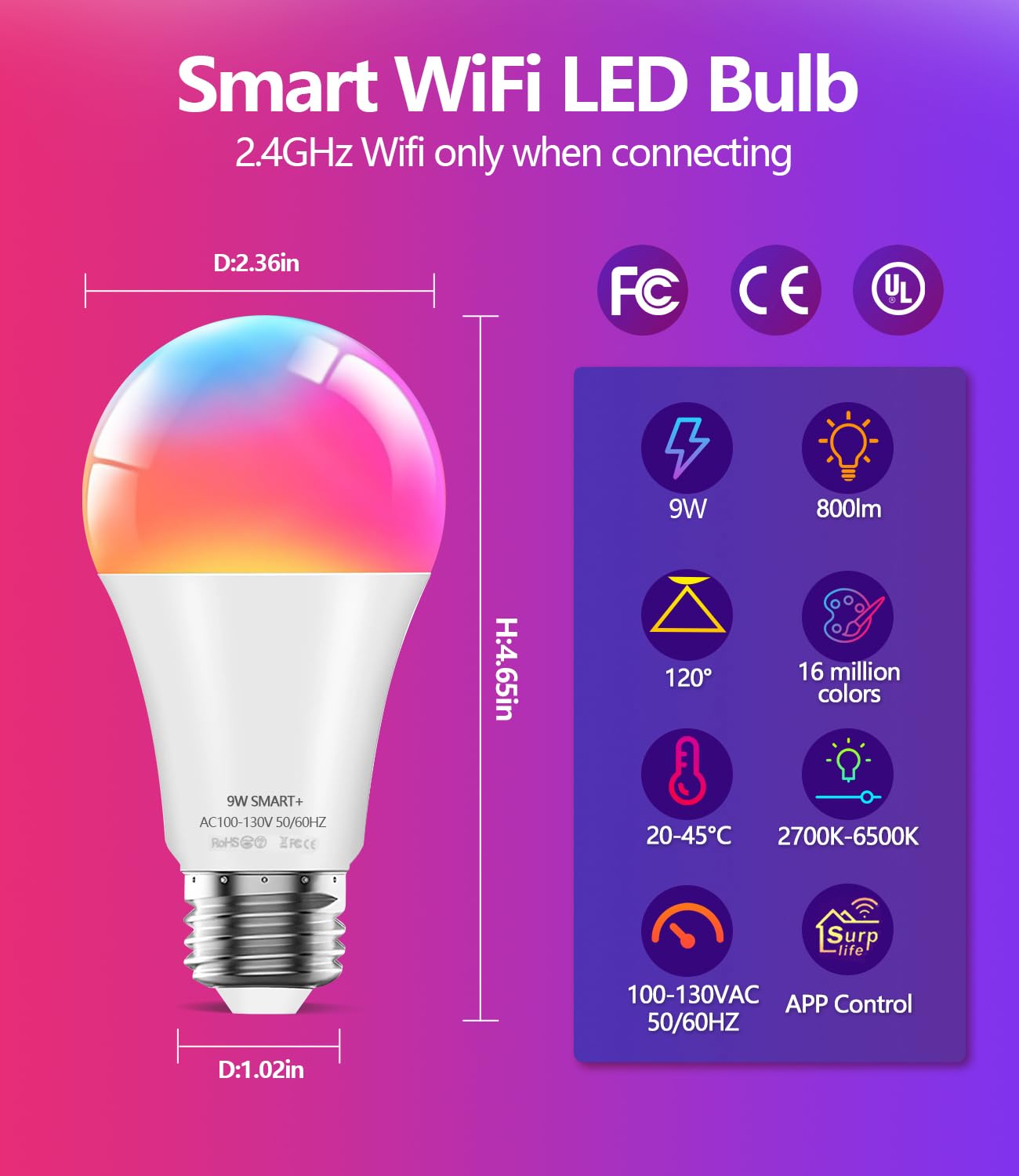 luckystyle Smart Light Bulbs, 9W A19 E26 800LM WiFi Bluetooth LED Bulbs Compatible with Alexa, Google Assistant & Home, 16 Million Colors Music Sync Color Changing Dimmable RGBWW Lights Bulb (4)