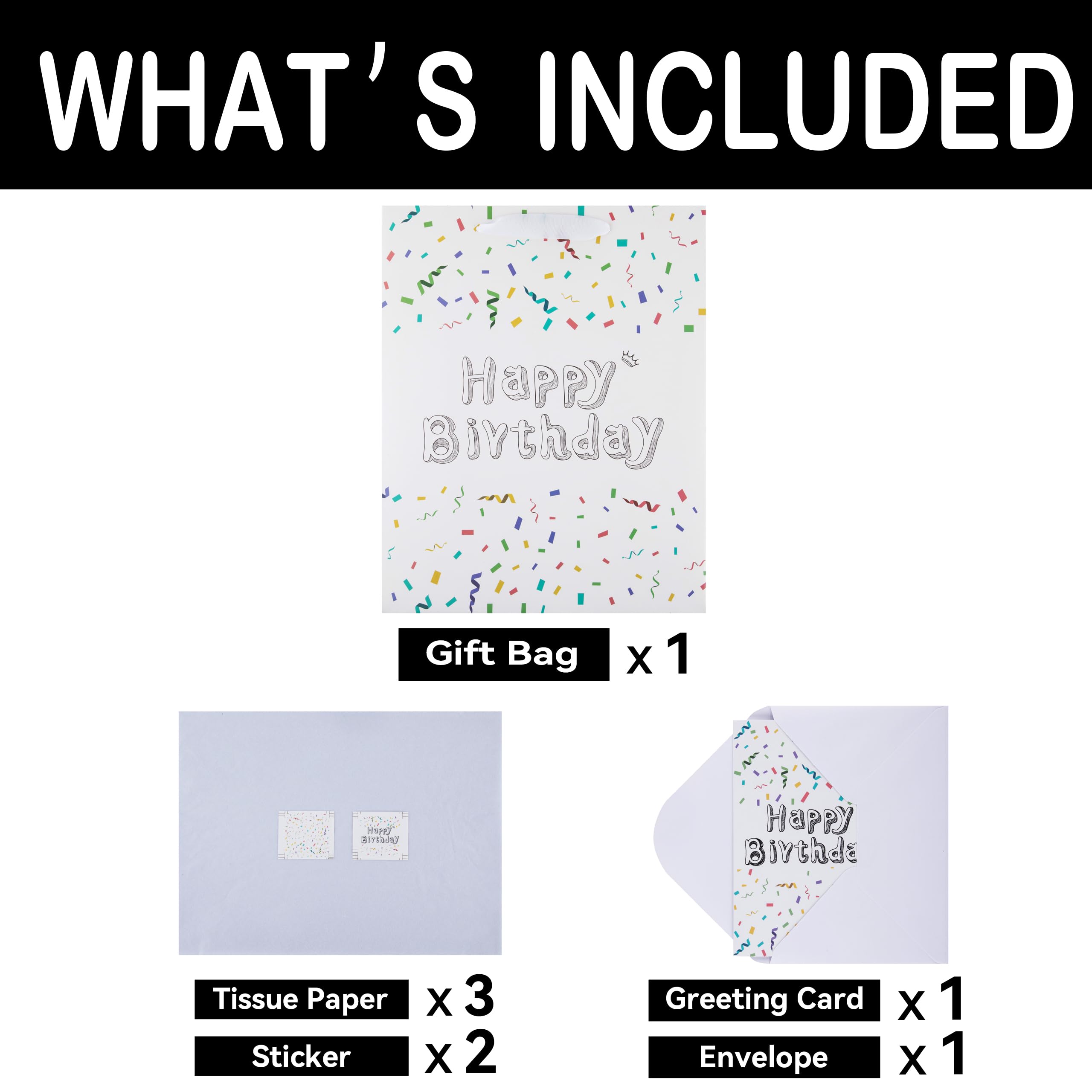 13" Large White Gift Bag Set with Greeting Card and Tissue Papers (Sketch-shaped Happy Birthday) for Women's or Men's Birthday Party, Girls', Boys' or Kids' Birthday Parties, Baby Shower, Baby Girl or Boy -10.2”x5.2”x13”,1 Pcs.