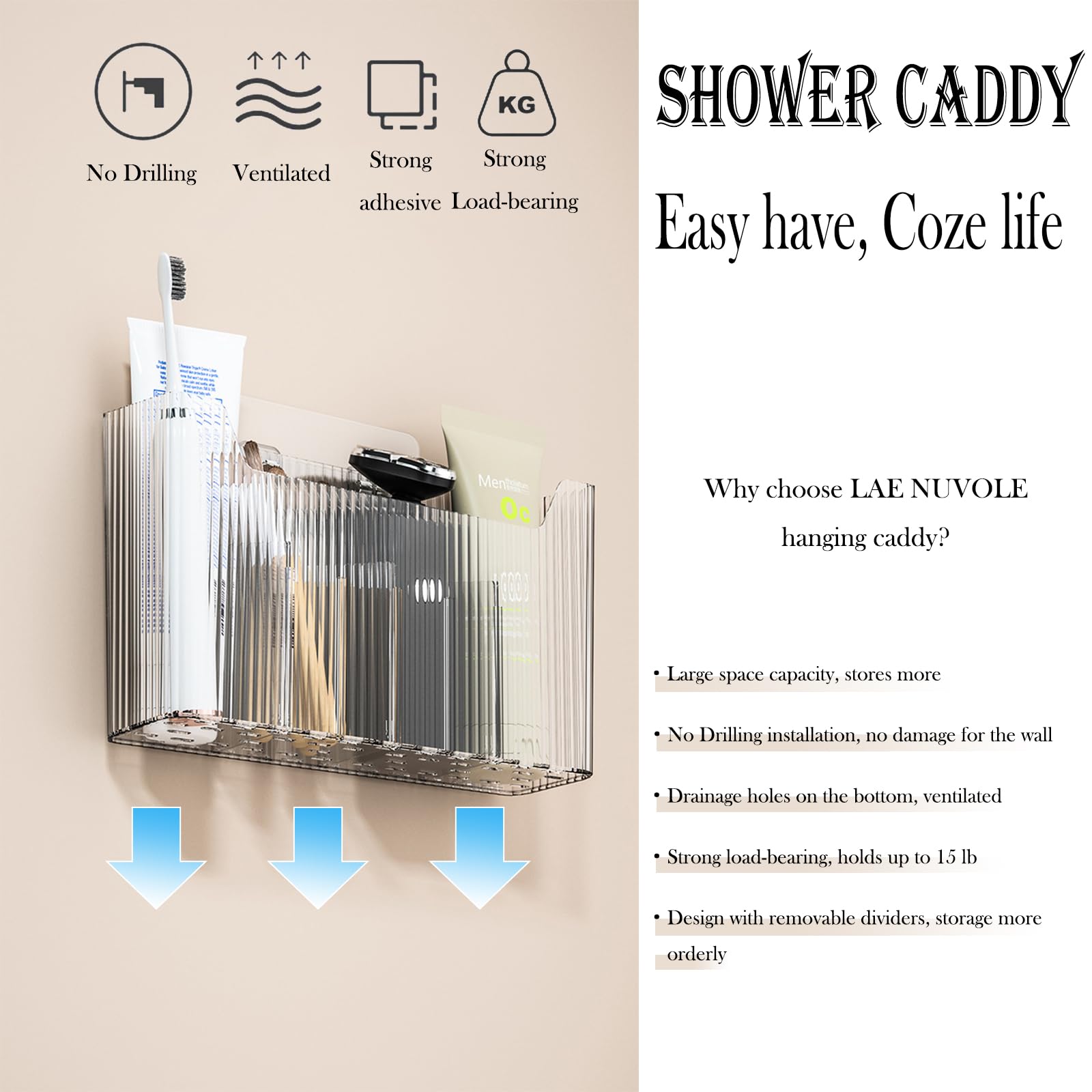 Lae Nuvole 2 Pack Adhesive Mount Cabinet Door Organizer, Wall Mounted Bathroom Organizers and Storage Bins Plastic Stackable Shower Caddy Hanging Floating Shelves for Narrow Space, BPA Free (Clear)