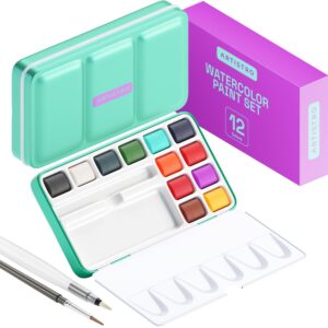 artistro watercolor paint set 12 colors, travel watercolor set in portable box, water color paint sets for kids, mini water colors paint adult set for artists, beginners, amateur hobbyists