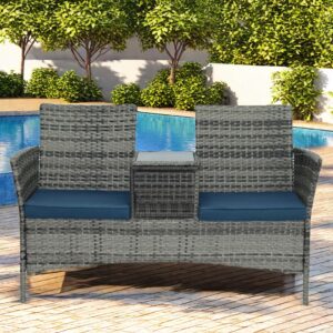 Pierybyt Patio Conversation Furniture Set Outdoor Patio Loveseat Rattan Chair Set with Cushions and Built-in Coffee Table Porch Furniture for Garden Lawn Backyard (Grey-Blue)