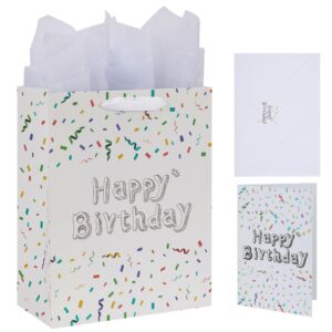 13" large white gift bag set with greeting card and tissue papers (sketch-shaped happy birthday) for women's or men's birthday party, girls', boys' or kids' birthday parties, baby shower, baby girl or boy -10.2”x5.2”x13”,1 pcs.