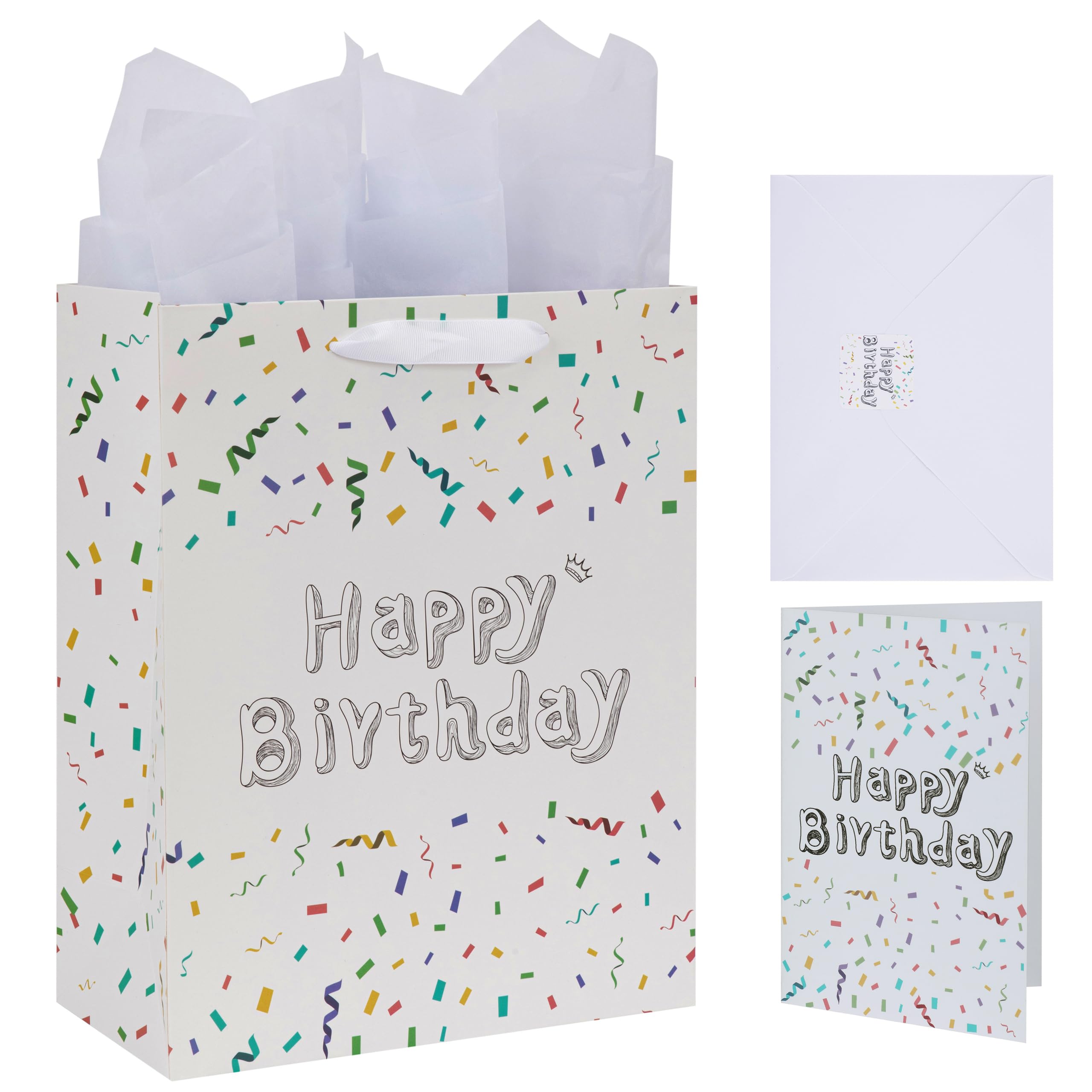 13" Large White Gift Bag Set with Greeting Card and Tissue Papers (Sketch-shaped Happy Birthday) for Women's or Men's Birthday Party, Girls', Boys' or Kids' Birthday Parties, Baby Shower, Baby Girl or Boy -10.2”x5.2”x13”,1 Pcs.