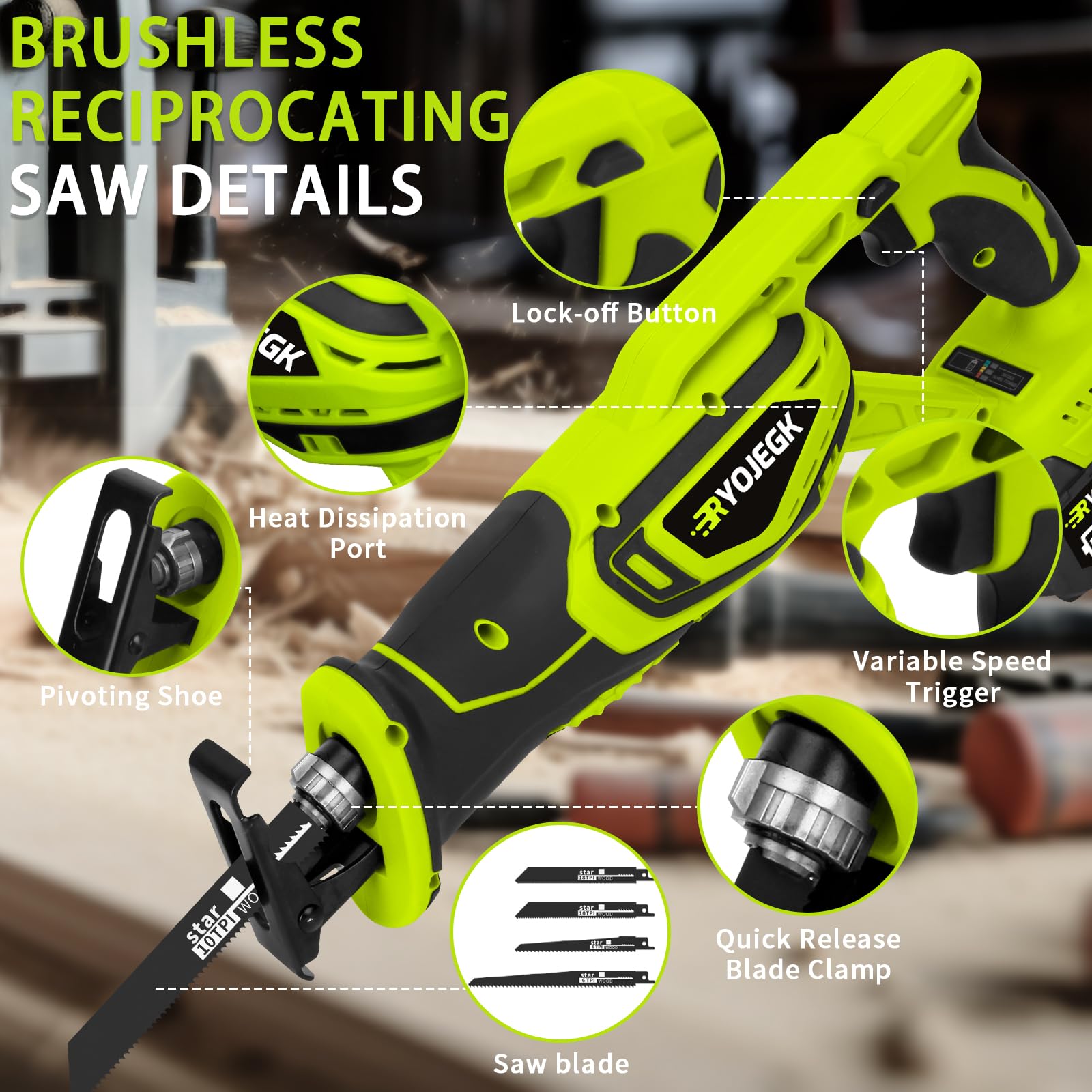 RYOJEGK 21V Cordless Reciprocating Saw, Brushless 27mm Saw with 2 x 4.0Ah Battery & 12 Saw Blades, 3500 SPM Power Cordless Saw, Tool-Free Blade Change recíproca for Wood & Metal Cutting