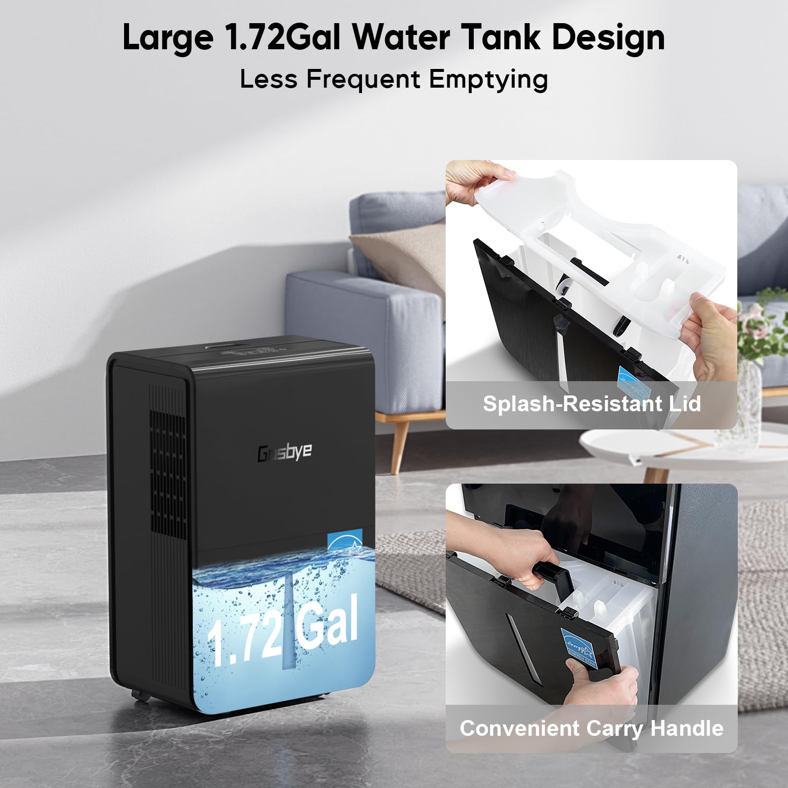 Gasbye 4500 Sq. Ft. Energy Star Dehumidifier for Basement with Drain Hose, Max 115 Pints/Day Dehumidifier for Large Room, Powerful Humidity Control, Easy Drainage, Auto-restart, Black