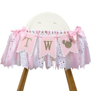 minnie mouse 2nd highchair banner - minnie 2nd birthday party decorations,pink gold two high chair ribbon banner,minnie mouse inspired party supplies,sweet girl second birthday banner photo props