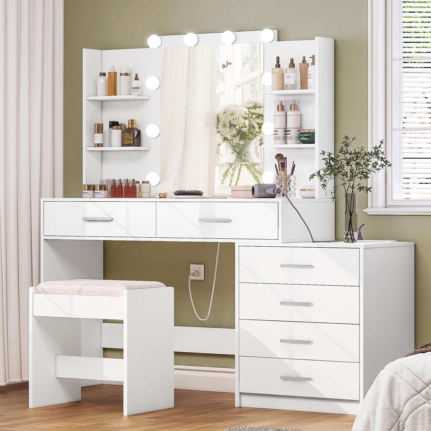 FIONESO Vanity Desk with Mirror & Lights, Makeup Vanity with 6 Drawers, 6 Open Shelves and Power Outlet, 48” Storage Makeup Vanity Desk with Stool Bench for Women, Girls, Bedroom, White