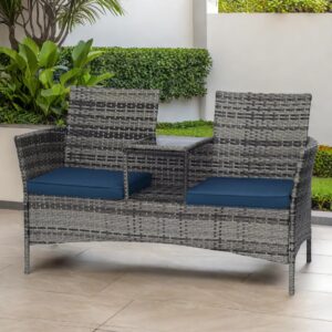 pierybyt patio conversation furniture set outdoor patio loveseat rattan chair set with cushions and built-in coffee table porch furniture for garden lawn backyard (grey-blue)