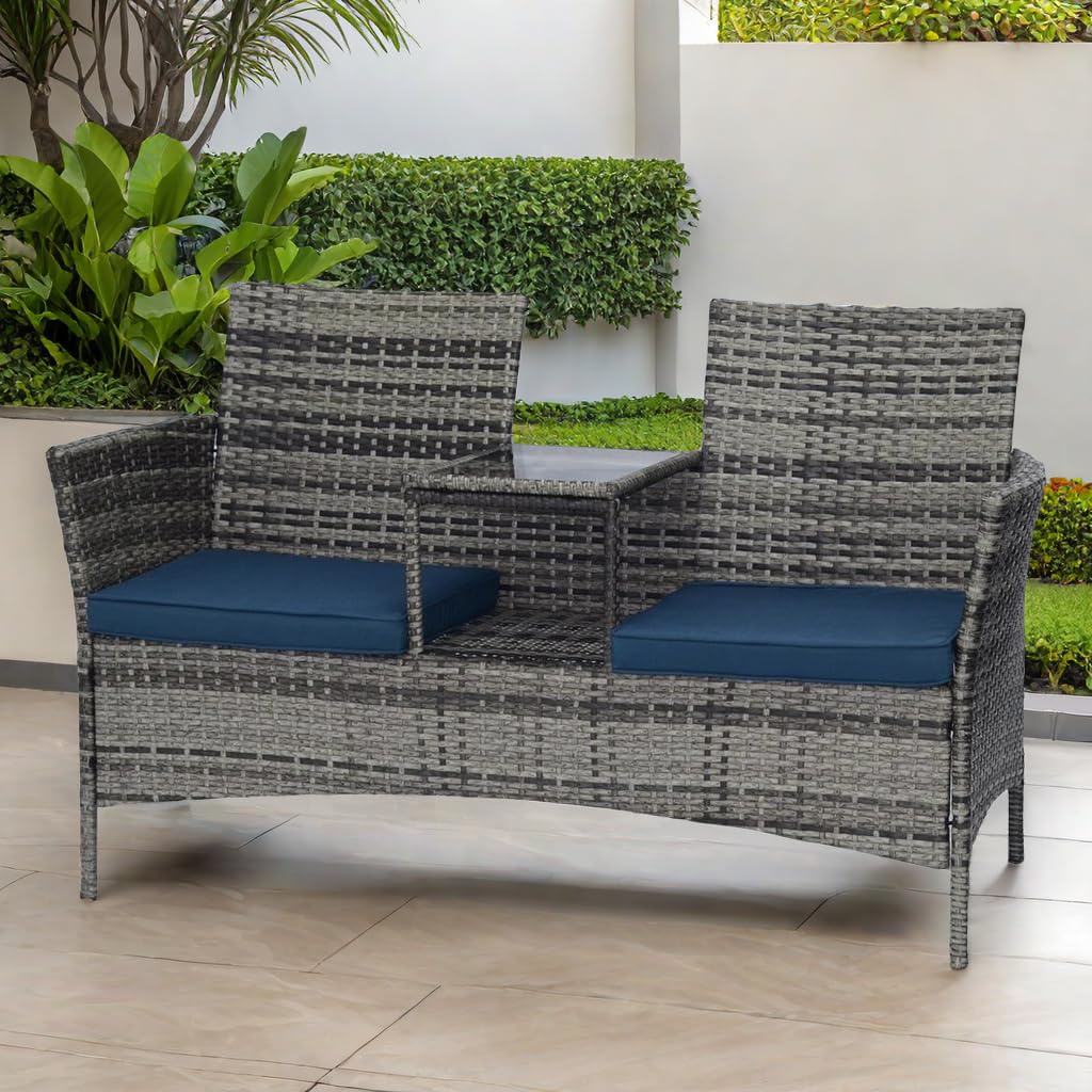 Pierybyt Patio Conversation Furniture Set Outdoor Patio Loveseat Rattan Chair Set with Cushions and Built-in Coffee Table Porch Furniture for Garden Lawn Backyard (Grey-Blue)