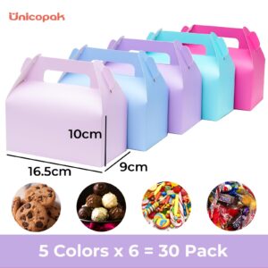 UnicoPak 30 Pack Pastel Gable Treat Boxes Colorful Party Favor Goodie Bag Boxes for Candy Treats Goody Cookie Toys for Kids Birthday Party, 6.5x3.5x3.5 Inches