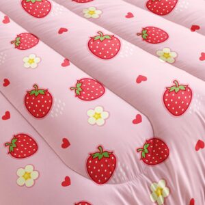 Nttopship Cute Strawberry Comforter Sets，Bedding Sets Full Size for Kids,Cute Strawberries and Flowers Comforter Sets All Season 1 Comforter and 2 Pillowcases