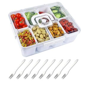 divided serving tray with lid and handle snackle box charcuterie container for portable snack platters organizer fruit divider with 8 compartments & 8 forks food storage containers for party