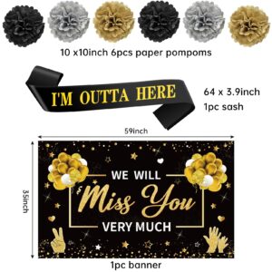 Turypaty Retirement Party Decorations Supplies for Men Women, 45PCS Black Gold Farewell Decorations, We Will Miss You Banner Backdrop Table Toppers Hanging swirls Pompoms Going Away Party Decorations