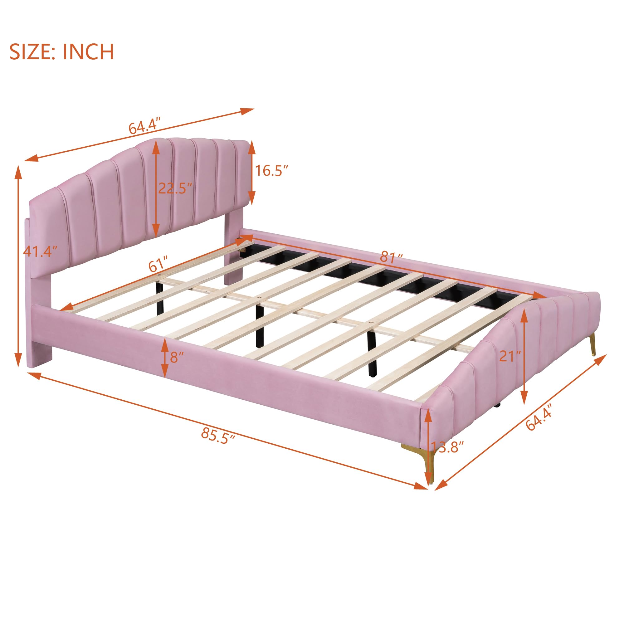 FAVSH Queen Size Velvet Platform Bed with Thick Fabric,Channel headboard and Elegant Metal Beds Leg,Bedroom Wooden Bed Frame W/Slat Supports,for Kids Teens Adults,Pink