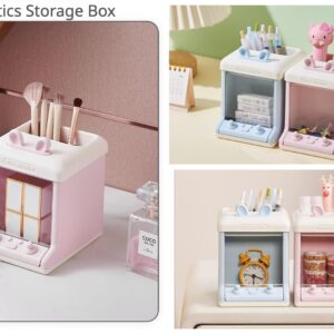 Cosmetics Storage Box with Kawaii Stickers Makeup Organizer Bunny Pen Holder Cute Rabbit Ears Aesthetic Pencil Case (Blue+Random Pattern Stickersv)