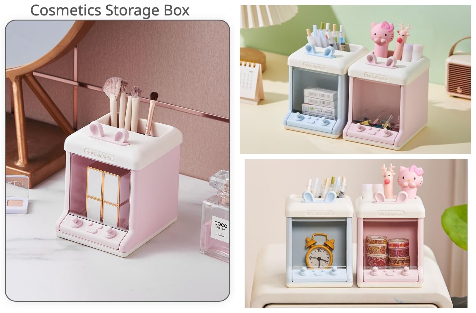 Cosmetics Storage Box with Kawaii Stickers Makeup Organizer Bunny Pen Holder Cute Rabbit Ears Aesthetic Pencil Case (Blue+Random Pattern Stickersv)