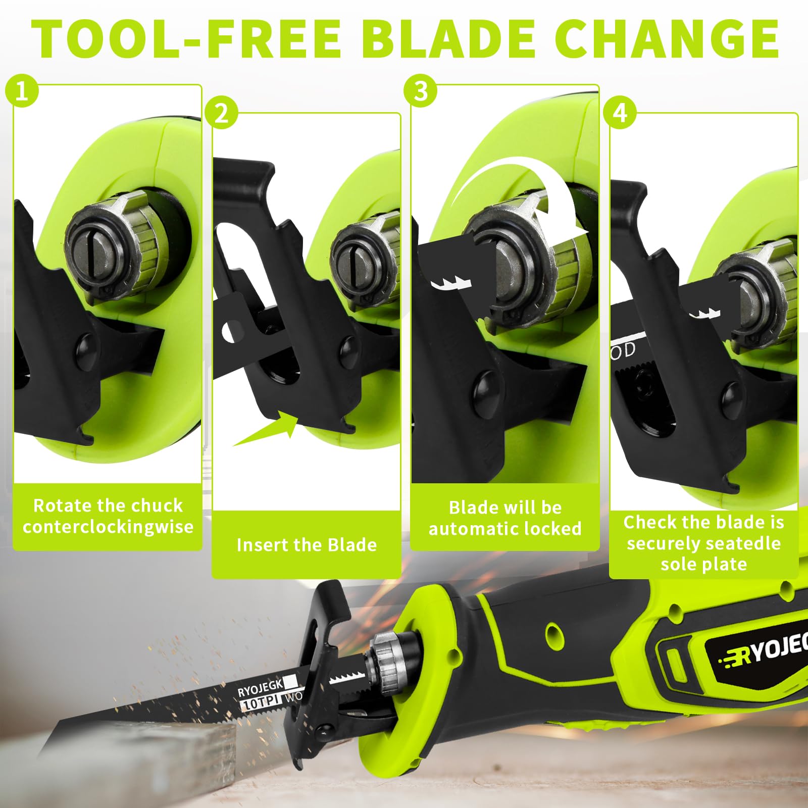 RYOJEGK 21V Cordless Reciprocating Saw, Brushless 27mm Saw with 2 x 4.0Ah Battery & 12 Saw Blades, 3500 SPM Power Cordless Saw, Tool-Free Blade Change recíproca for Wood & Metal Cutting