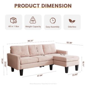 XIZZI 80" Small Sectional Sofa Couches for Living Room,L-Shape Sofa Couch with Chaise,Cloud Couch for Office,Comfy Chaise Sofa for Apartment Small Space (Corduroy,Right Facing Chaise, Pink)