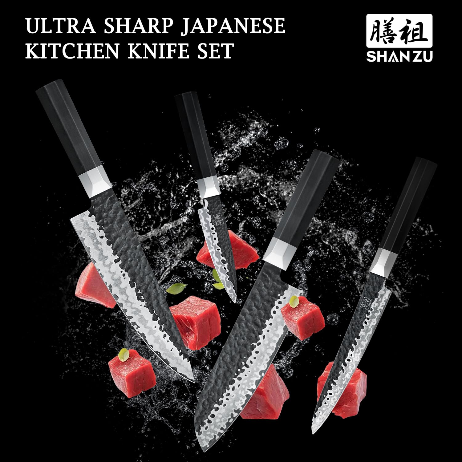 SHAN ZU 7-Piece Japanese Knife Set - 7 Layers 9Cr18MoV High Carbon Steel Kitchen Knife Set with Block and Sharpener,Ultra-Sharp Chef Knife Set with G10 Handle