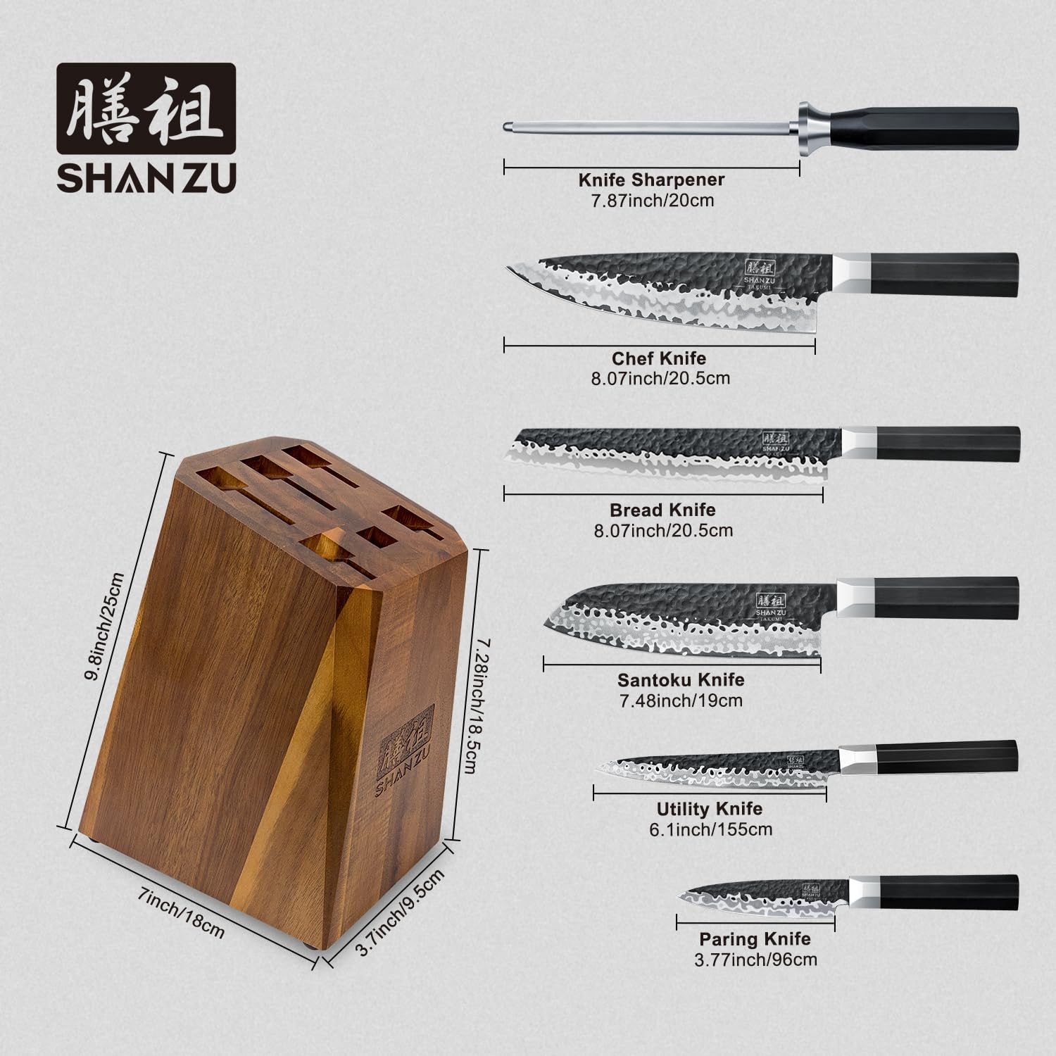 SHAN ZU 7-Piece Japanese Knife Set - 7 Layers 9Cr18MoV High Carbon Steel Kitchen Knife Set with Block and Sharpener,Ultra-Sharp Chef Knife Set with G10 Handle