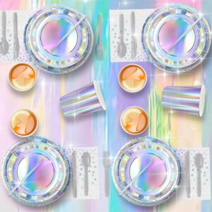 202Pcs Iridescent Party Plates Nanpkins Birthday Party Supplies Iridescent Paper Tableware Set witch Disposable Tablecloths for Mermaid Birthday Wedding Party Decorations Serve 25