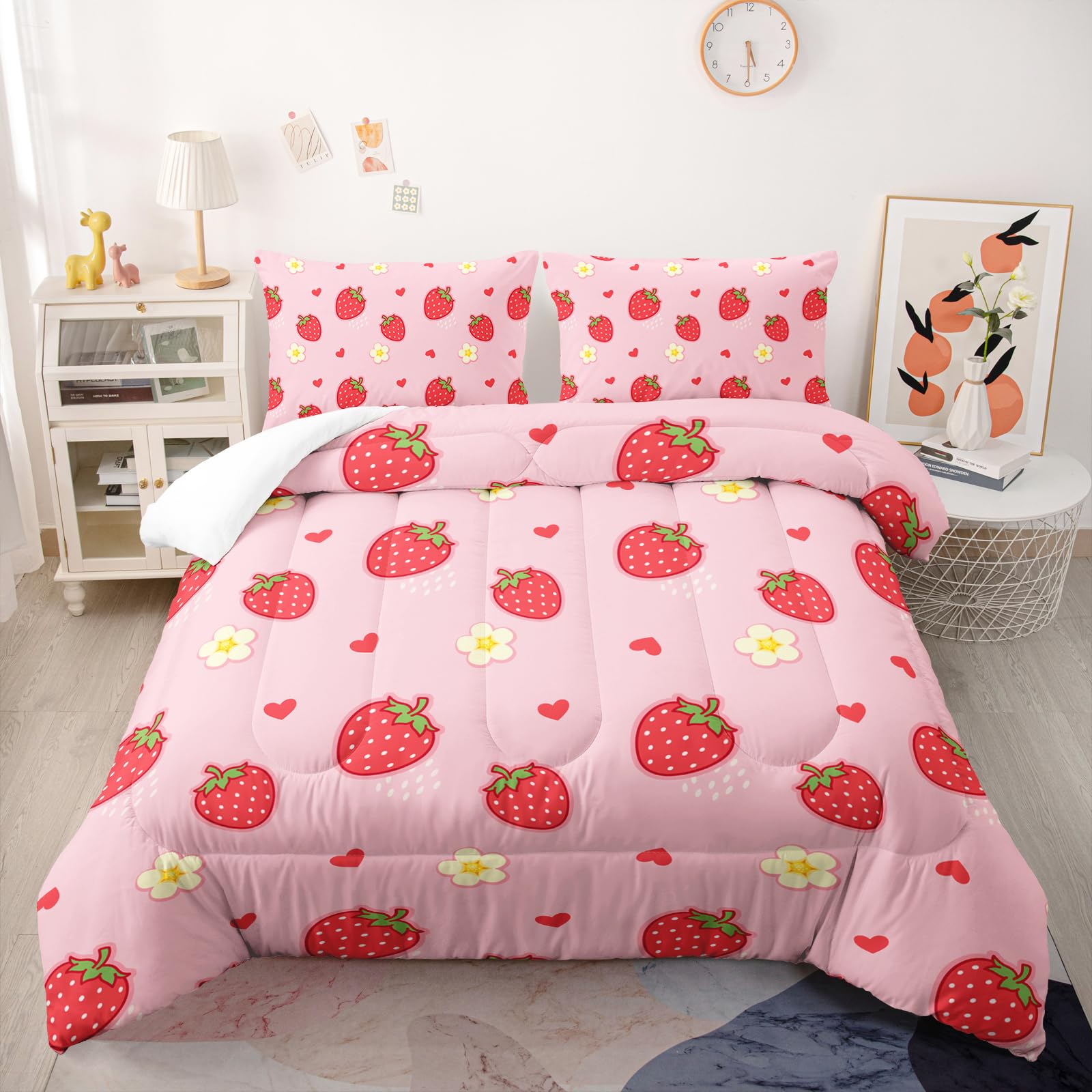 Nttopship Cute Strawberry Comforter Sets，Bedding Sets Full Size for Kids,Cute Strawberries and Flowers Comforter Sets All Season 1 Comforter and 2 Pillowcases