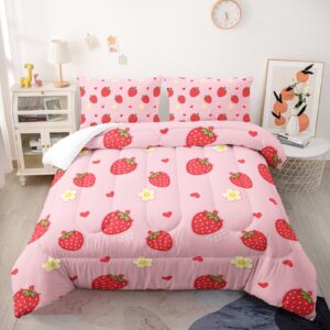 nttopship cute strawberry comforter sets，bedding sets full size for kids,cute strawberries and flowers comforter sets all season 1 comforter and 2 pillowcases