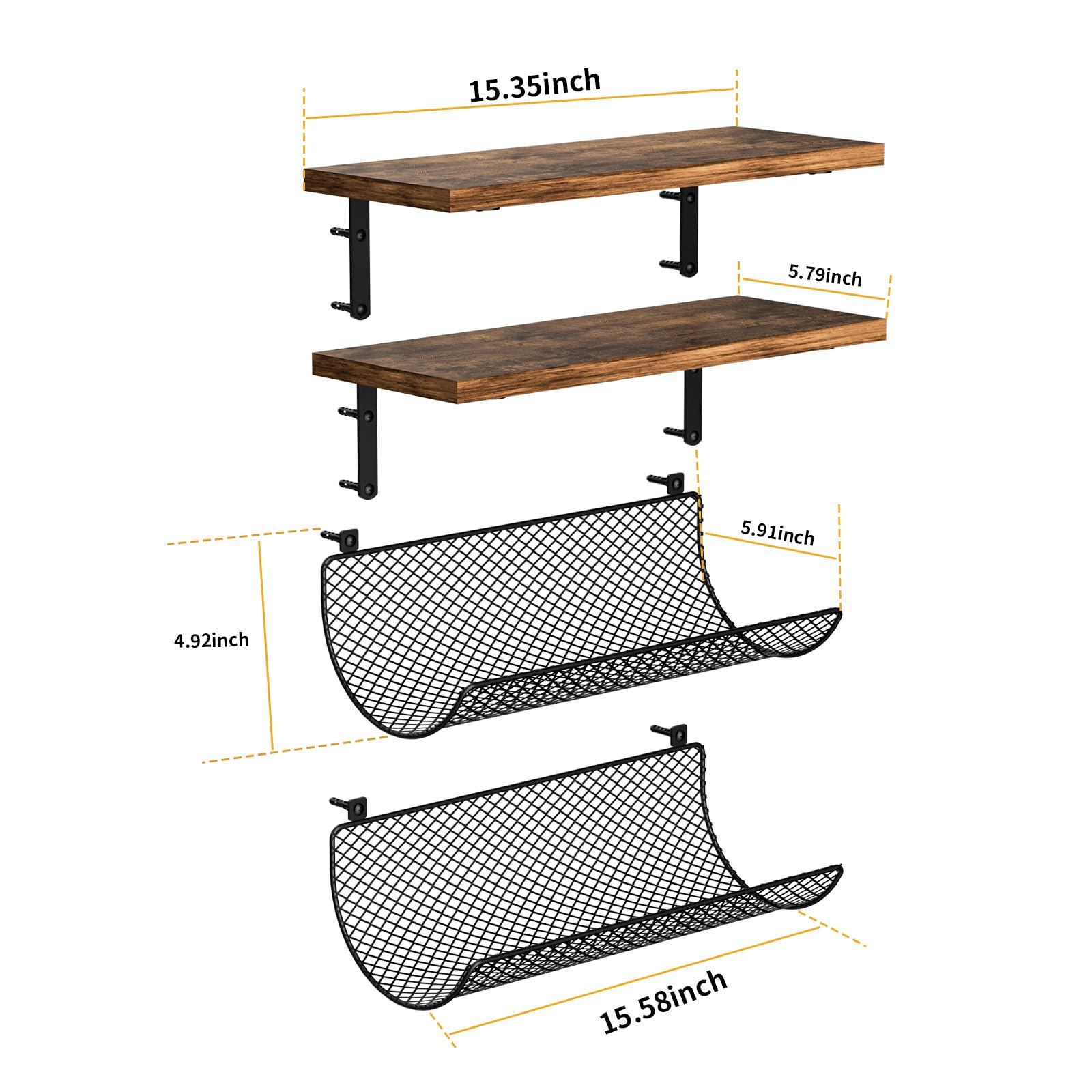 2+2 Wood Floating Shelves for Wall Decor,Bathroom Shelf Over Toilet with Hair Tool Organizer,Curling Iron Holder Wall Mounted,Bathroom Organizer for Hair Straighteners,Curling Wands，Toilet Paper