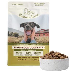 badlands ranch - superfood complete, air-dried adult dog food - high protein, zero fillers, superfood nutrition by katherine heigl (64 oz., beef formula)