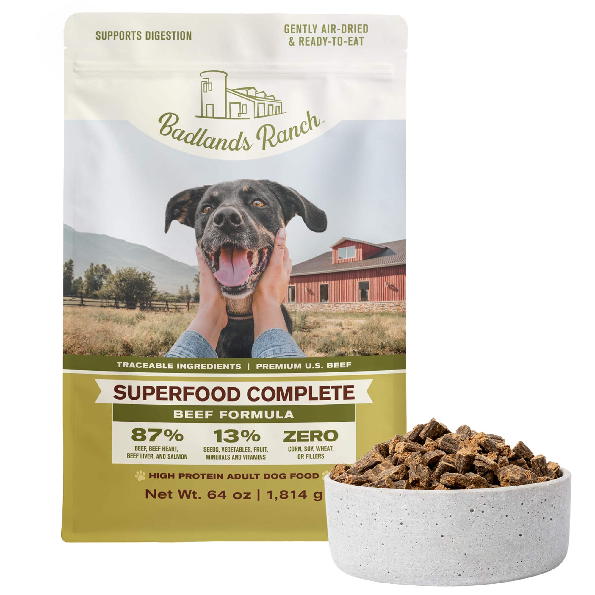 BADLANDS RANCH - Superfood Complete, Air-Dried Adult Dog Food - High Protein, Zero Fillers, Superfood Nutrition by Katherine Heigl (64 oz., Beef Formula)