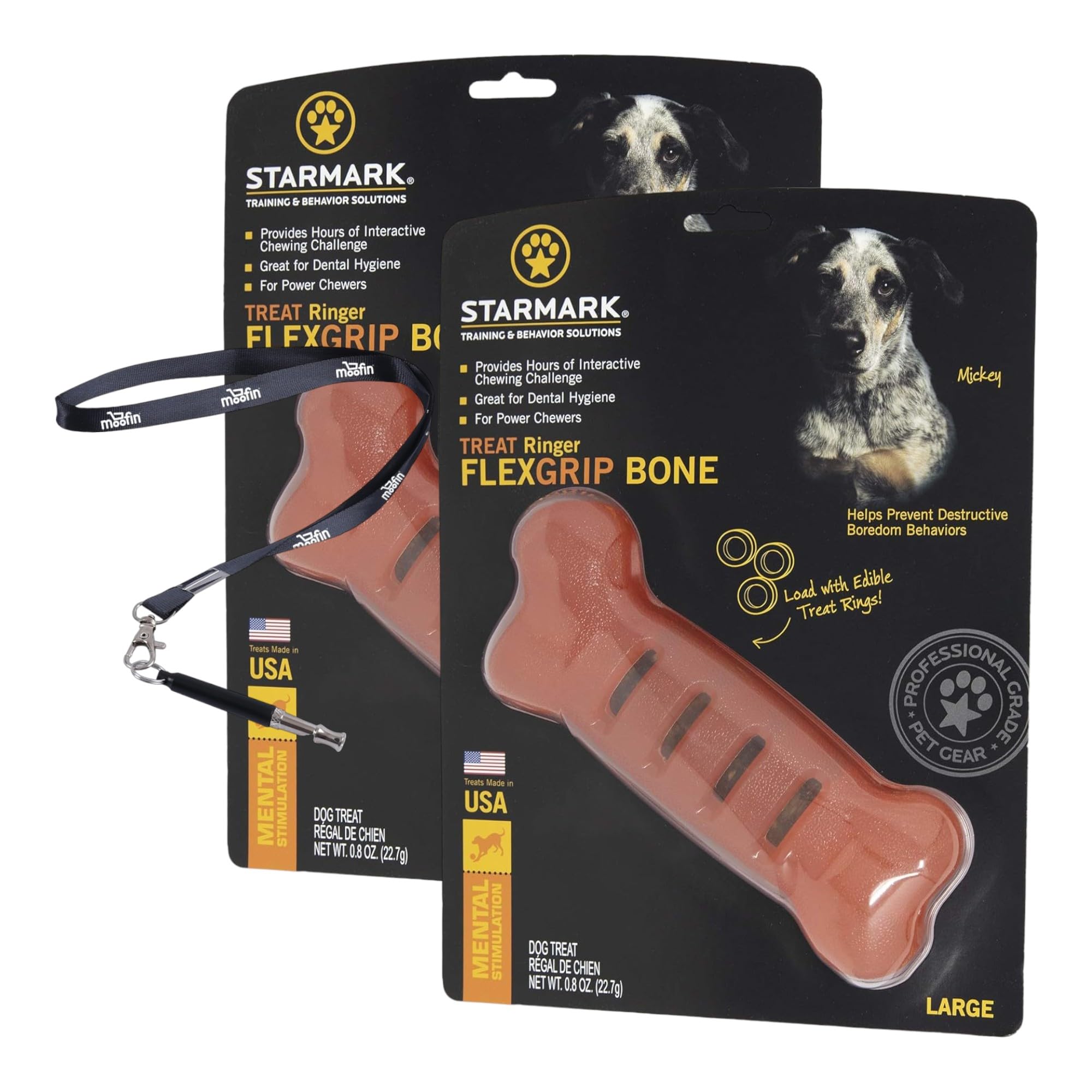 Starmark Dog Toy Treat Ringer Flexgrip Bone, 0.27Kg - Chew Toy For Dogs, Large Size For Bigger Breeds, Promotes Dental Health - Bundle With Ss Pet Training Whistle [Pack Of 2]